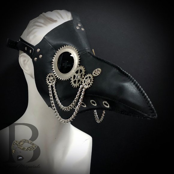 Black Plague Doctor Mask Black and Silver Gears - Picture 2 of 3